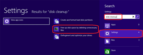 Windows 8 Search, Disk Cleanup, Settings